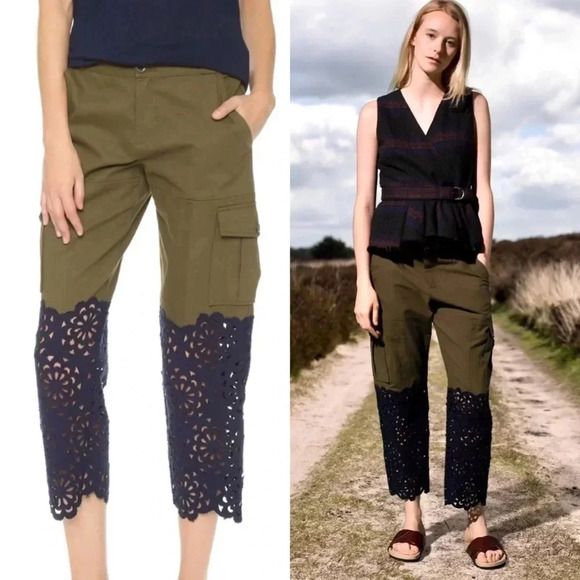 Sea New York Olive Cargo Pants with Navy Lace Scalloped Hem – Size 0 (Fits 4) - Picture 1 of 15